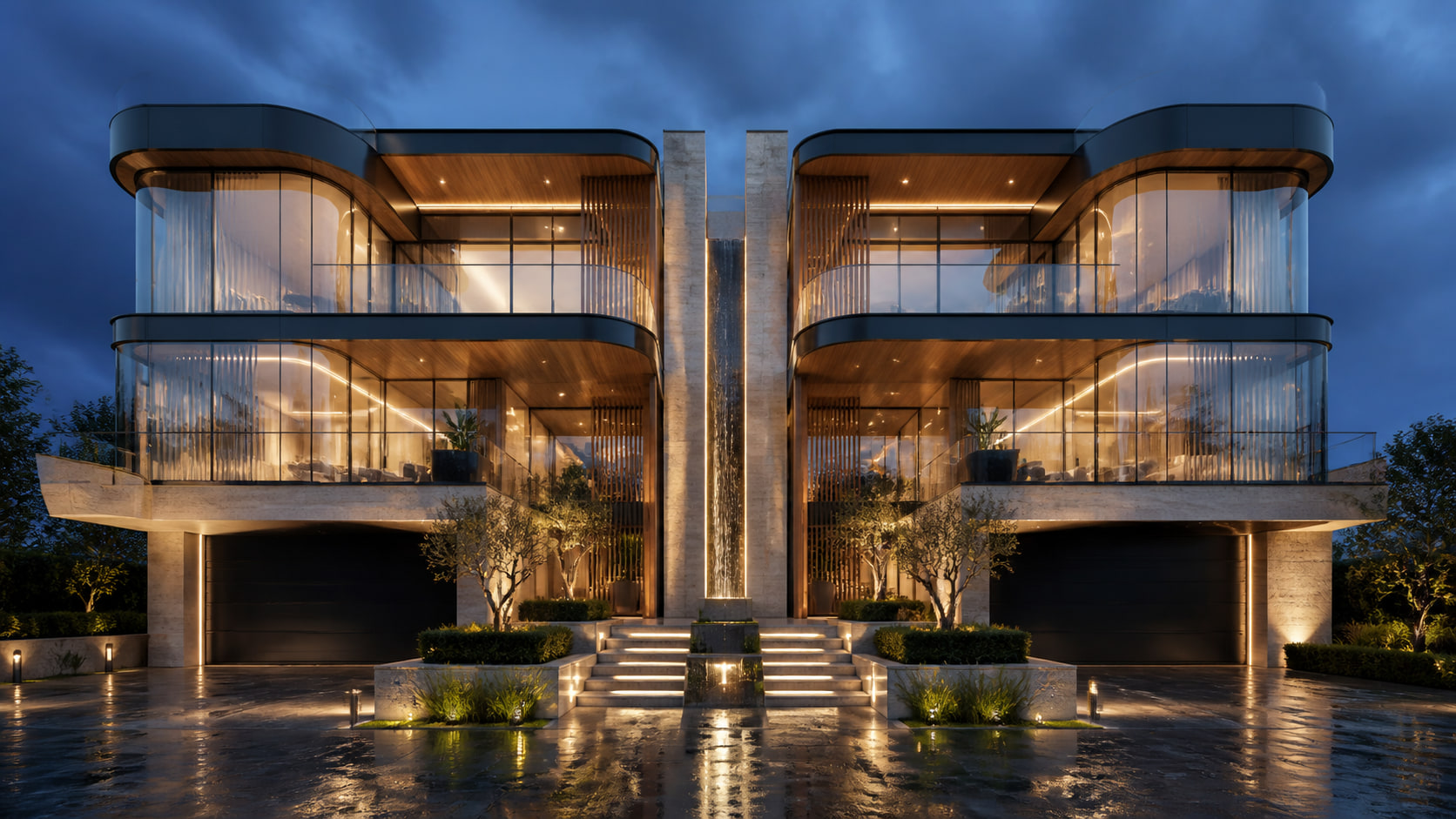 Architectural visualisation of a curved-glass contemporary duplex at blue hour